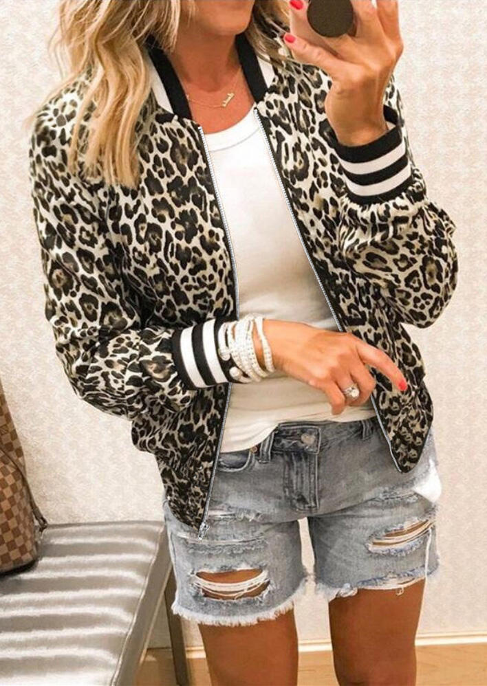 

Leopard Striped Zipper Jacket Coat, 478894