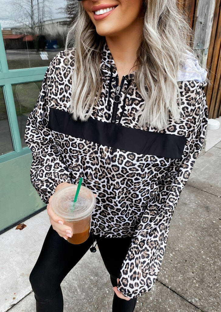 

Leopard Color Block Zipper Hoodie, 478972