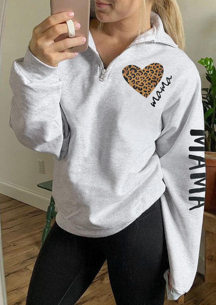 

Mama Leopard Heart Zipper Collar Sweatshirt - Light Grey, 479101