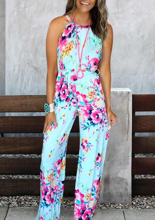 Floral Halter Button Jumpsuit - Light Blue - Bellelily