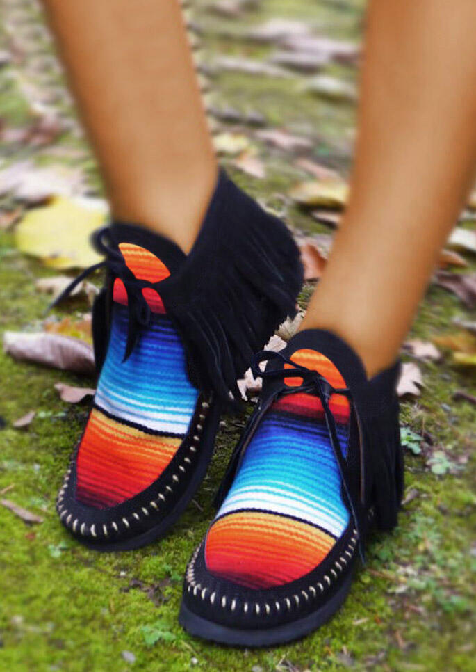 

Rainbow Striped Tassel Tie Hand Stitched Slip On Boots, Multicolor, 479156