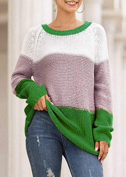 

Color Block O-Neck Knitted Pullover Sweater - Green, 479346