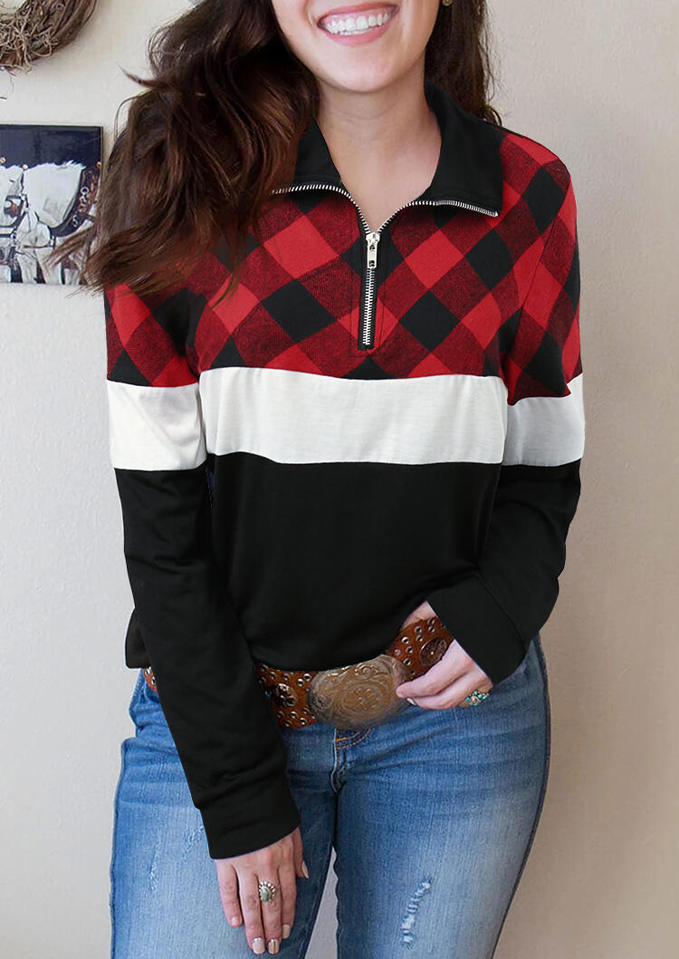 

Plaid Color Block Zipper Collar Blouse, 479431