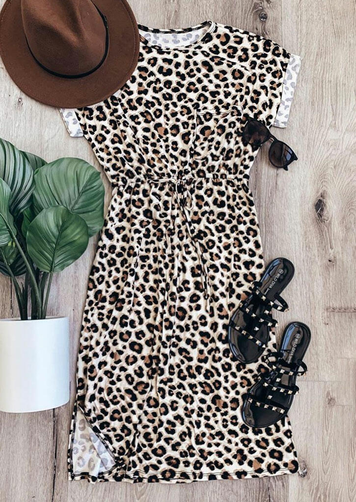 

Leopard Slit Drawstring Casual Dress, 479539