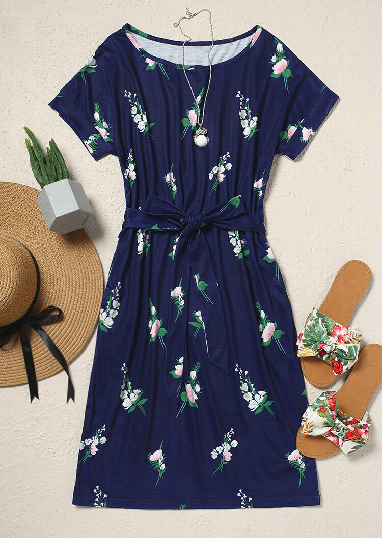 Floral Pocket Mini Dress without Necklace - Navy Blue