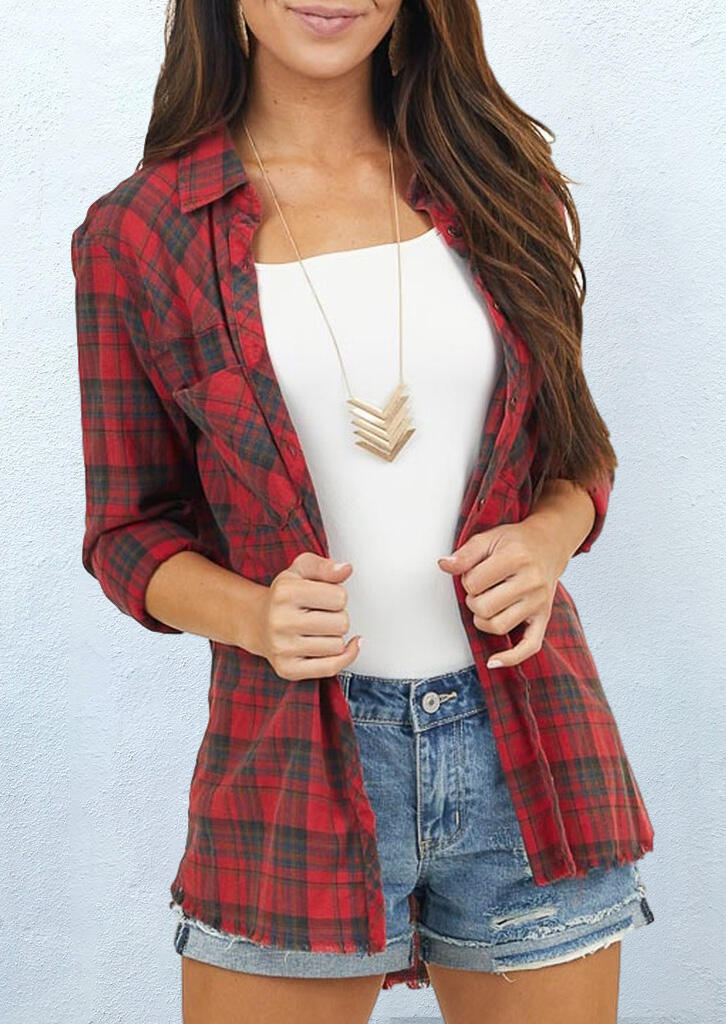 

Plaid Pocket Button Asymmetric Shirt - Red, 479166