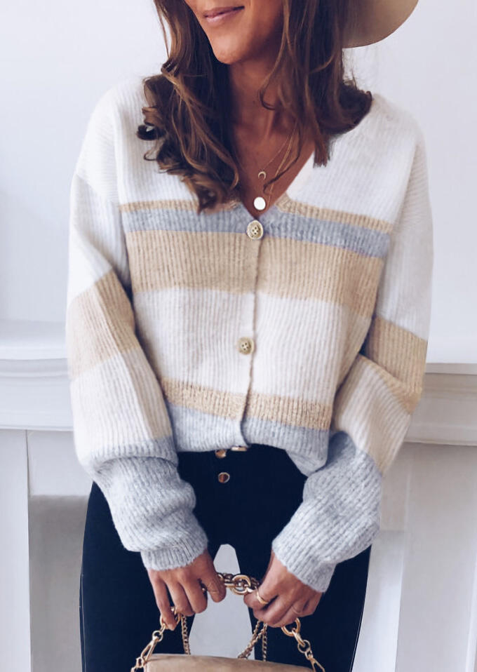 

Striped Button V-Neck Knitted Sweater, Multicolor, 479338