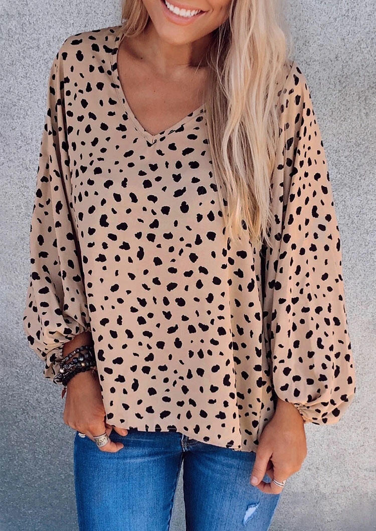 

Leopard Elastic Cuff V-Neck Blouse, 479658