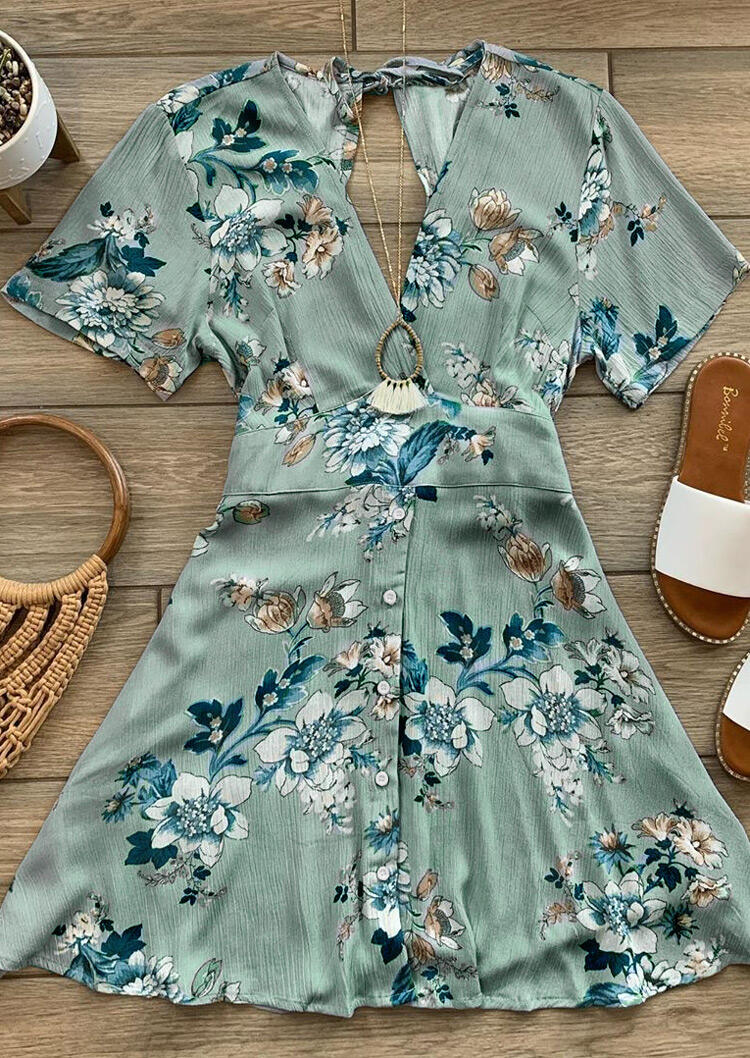 

Floral Wrap V-Neck Tie Mini Dress - Light Green, 478729