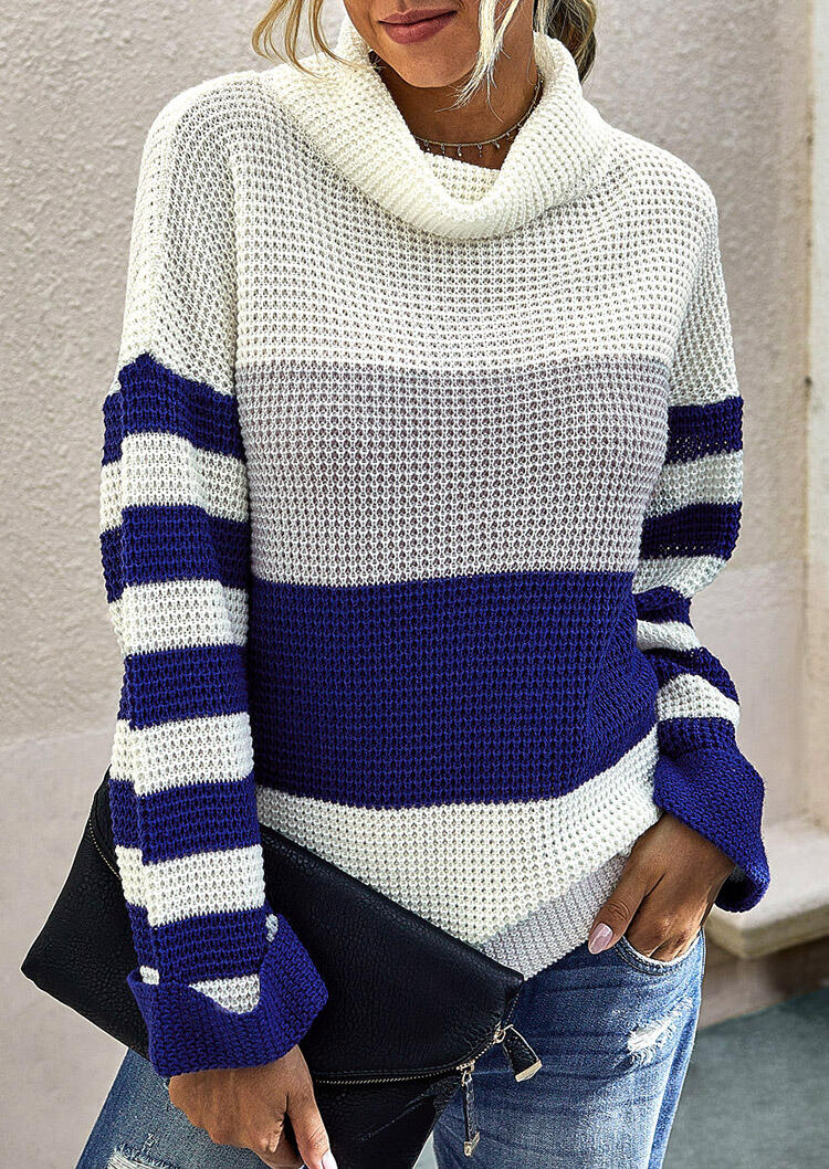 

Color Block Striped Turtleneck Sweater, Stripe, 479773