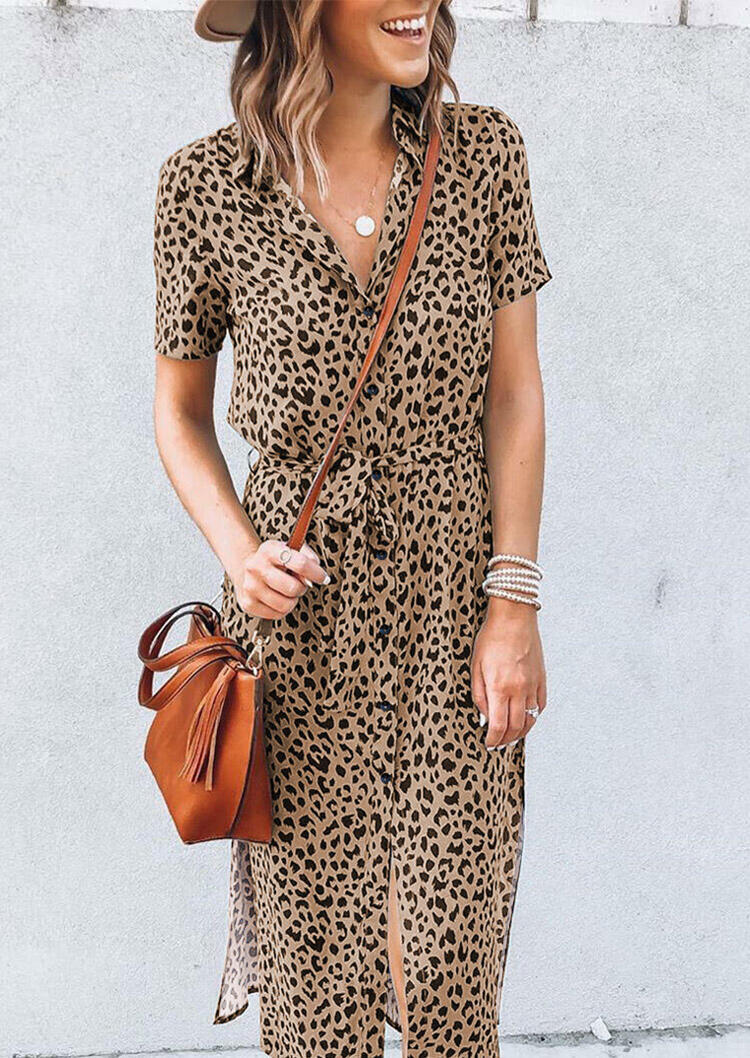 

Leopard Turn-Down Collar Slit Midi Dress, Multicolor, 478086