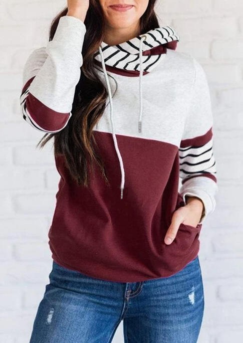 

Striped Color Block Splicing Pocket Hoodie - Burgundy, 479571