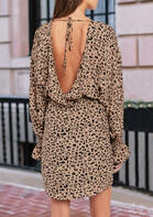 Leopard Open Back Tie Elastic Waist Mini Dress