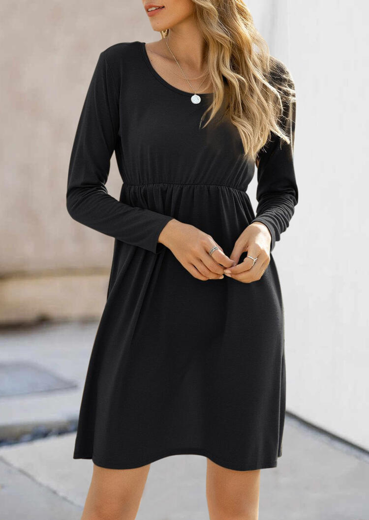 

Ruffled Long Sleeve O-Neck Mini Dress - Black, 479696