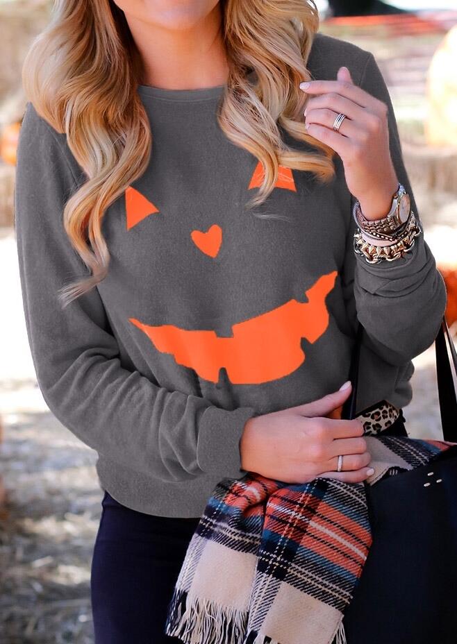

Halloween Pumpkin Printed Casual Sweatshirt, Gray, 418490