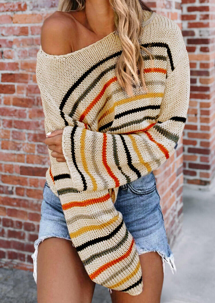 

Striped Knitted Drop-shoulder Sweater - Apricot, 478184