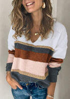 Color Block Splicing Knitted V-Neck Sweater
