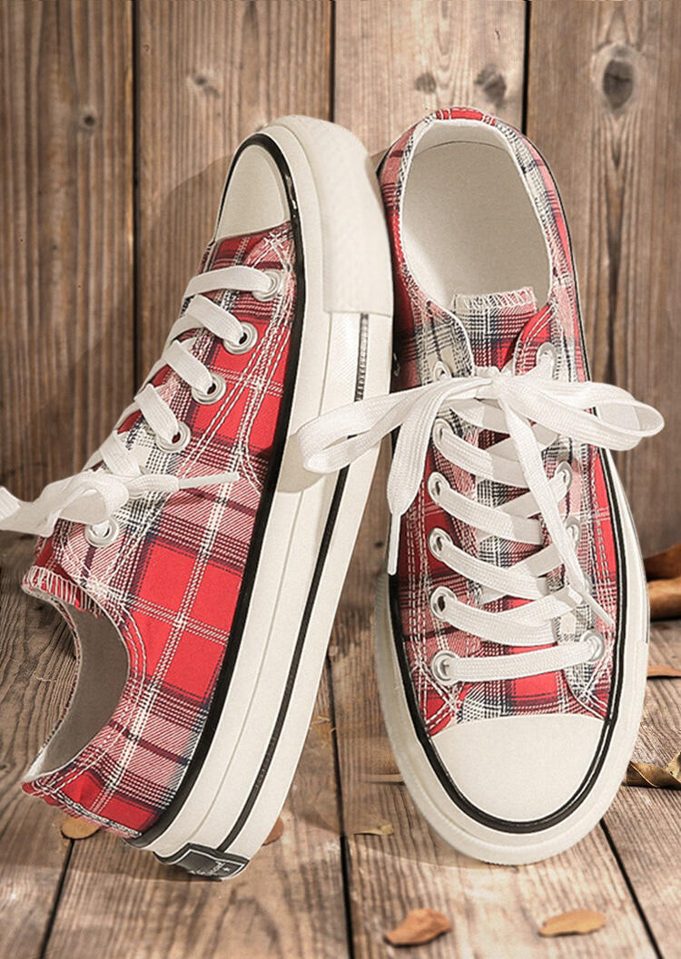 

Plaid Lace Up Round Toe Flat Sneakers, Red, 461601