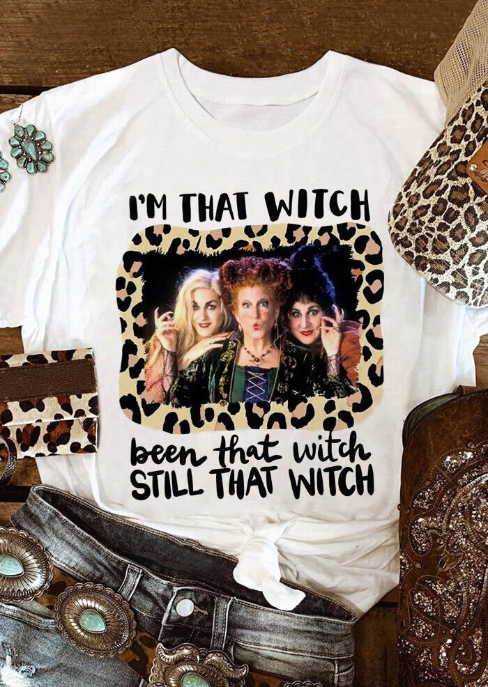 

Halloween Hocus Pocus Leopard Witch Graphic T-Shirt Tee - White, 479941