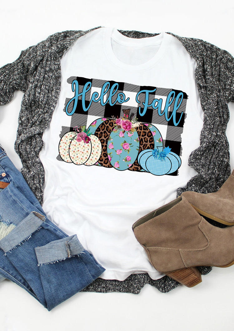 

Hello Fall Plaid Leopard Pumpkin T-Shirt Tee - White, 479960