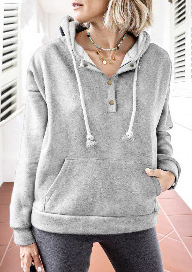 

Kangaroo Pocket Button Drawstring Thickened Pullover Hoodie - Gray, 479827