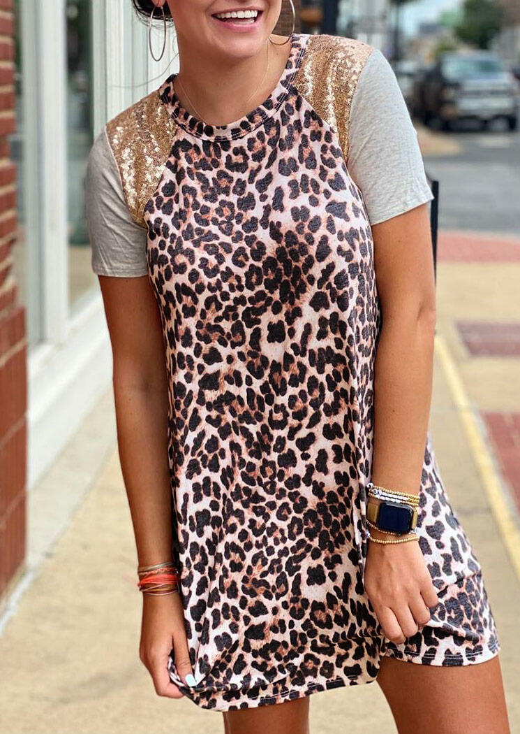 

Leopard Sequined Splicing Mini Dress, 479853