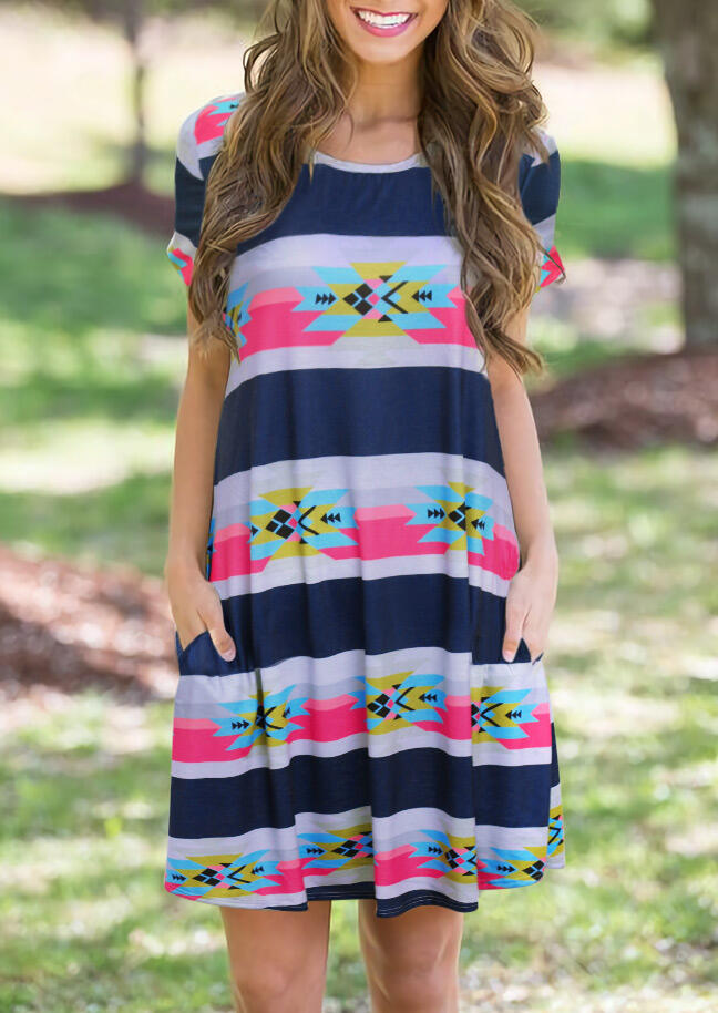 

Aztec Geometric Striped Splicing Pocket Mini Dress, Stripe, 479869