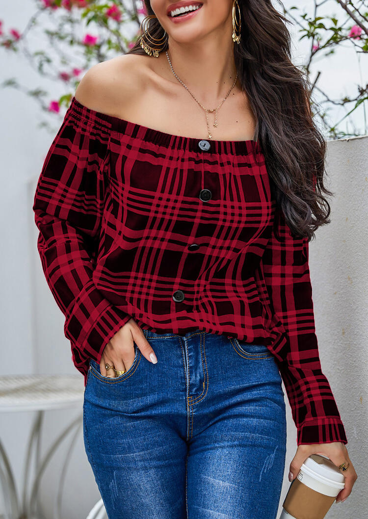 

Plaid Button Off Shoulder Blouse - Red, 480150