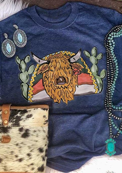 

Western Woolly Bully Steer Skull Cactus T-Shirt Tee - Blue, 479533