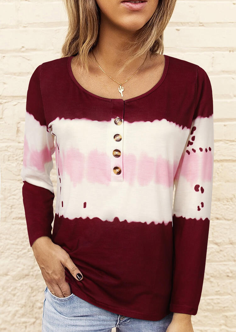 

Tie Dye Button O-Neck Blouse - Burgundy, 479901