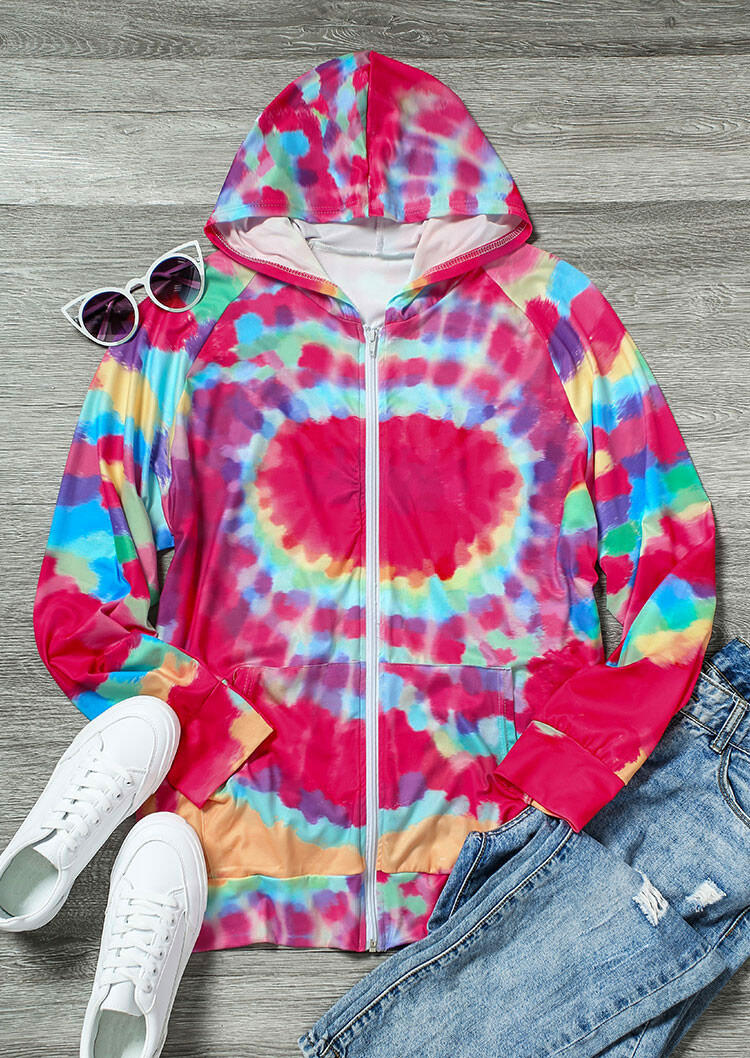 

Tie Dye Pocket Zipper Hooded Coat, Multicolor, 479922