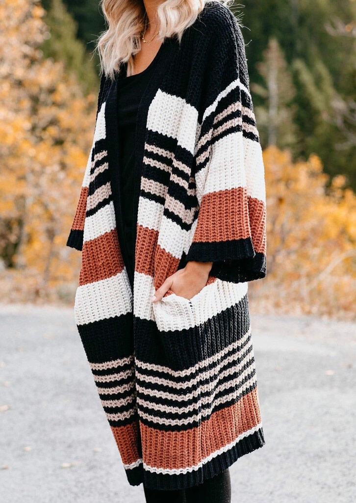 

Striped Color Block Pocket Knitted Sweater Cardigan, Multicolor, 480034