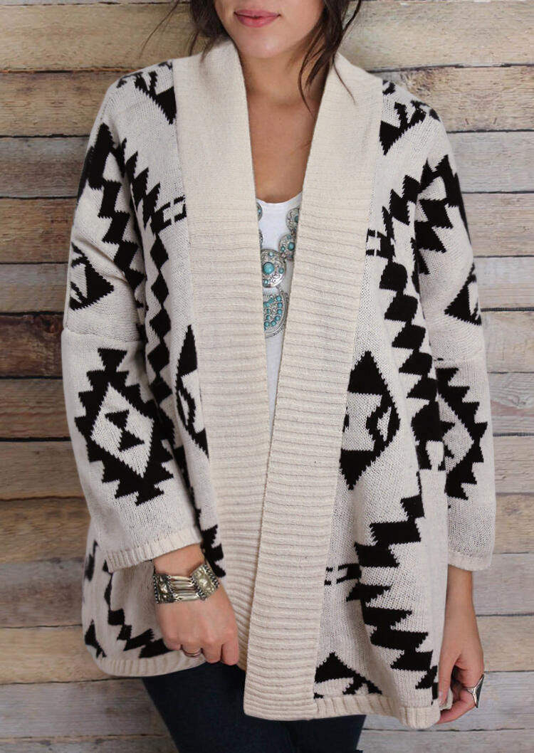 

Aztec Geometric Rhombus Knitted Cardigan - Beige, 479912