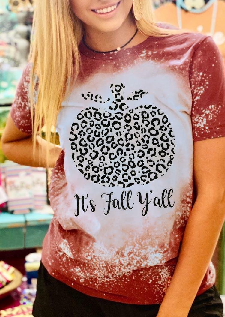 

It' Fall Y'all Leopard Pumpkin Bleached T-Shirt Tee - Brick Red, 479925