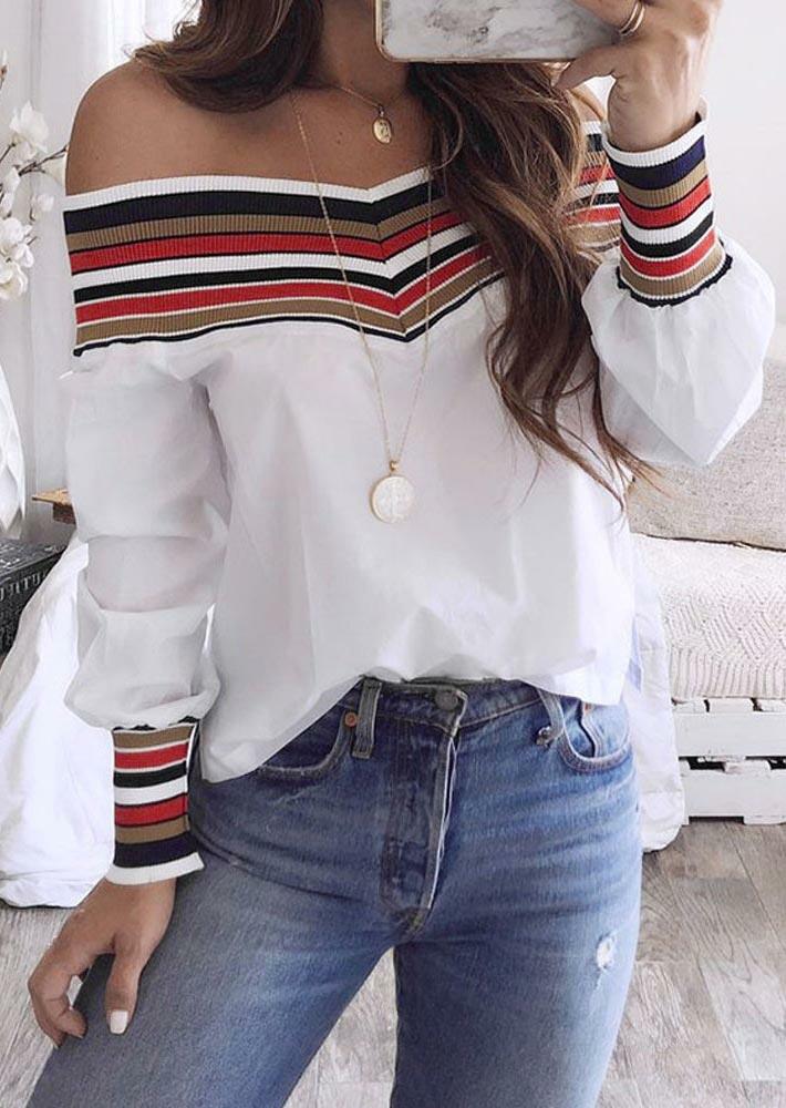

Serape Striped Splicing Off Shoulder Blouse - White, 480157