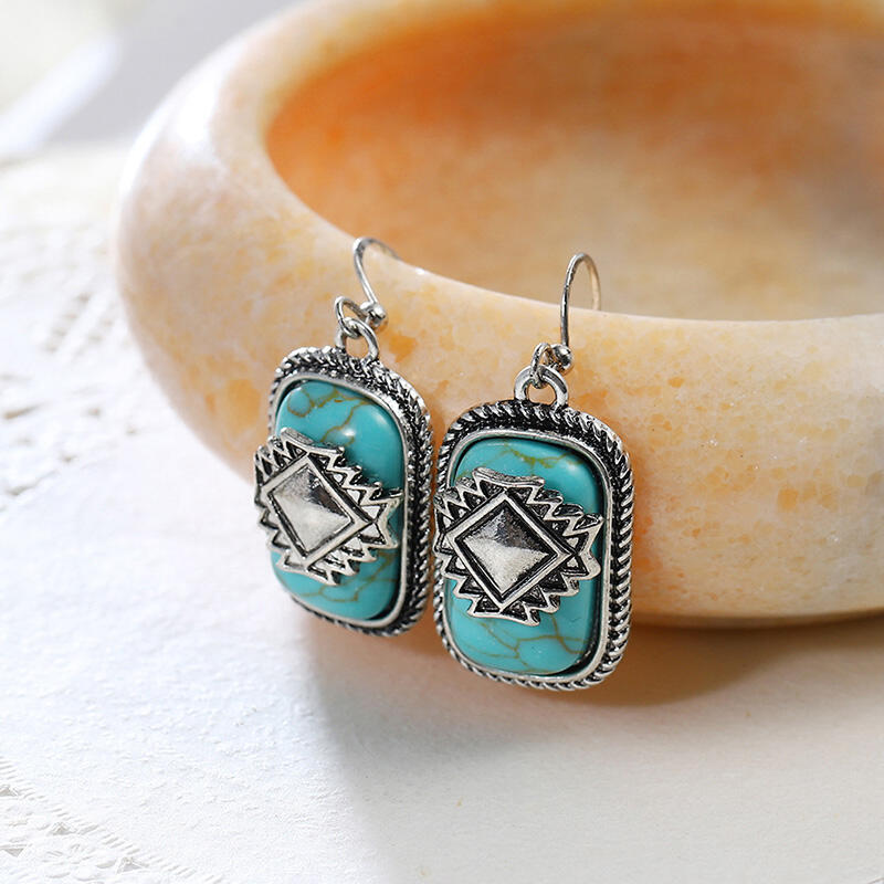 

Bohemian Aztec Geometric Turquoise Earrings, Silver, 480401