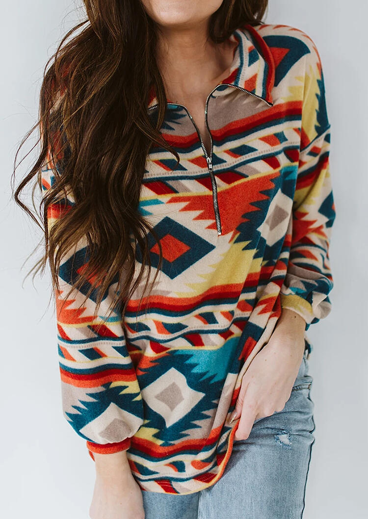

Aztec Geometric Serape Striped Zipper Collar Sweatshirt, Multicolor, 480471