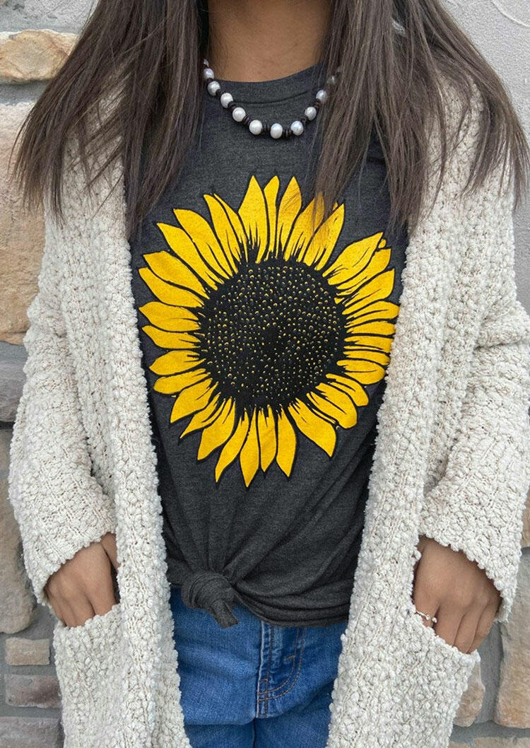 

Western Sunflower O-Neck T-Shirt Tee - Dark Grey, 480285