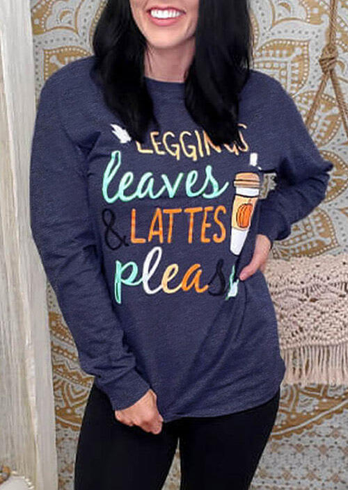 Leaves & Lattes Coffee Pumpkin T-Shirt Tee - Deep Blue