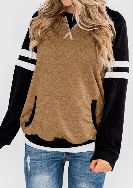 

Striped Kangaroo Pocket Pullover Sweatshirt - Coffee, 480528