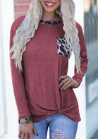 Leopard Splicing Twist Pocket O-Neck Pullover Sweater