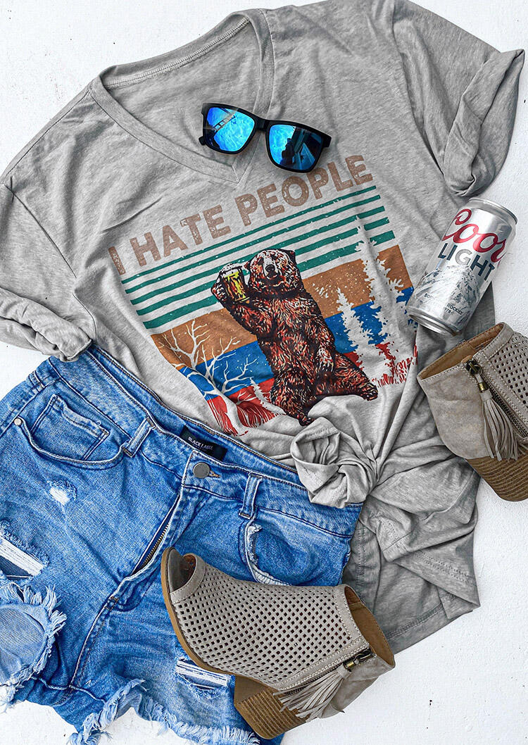 

I Hate People Bear Beer T-Shirt Tee - Gray, 480134