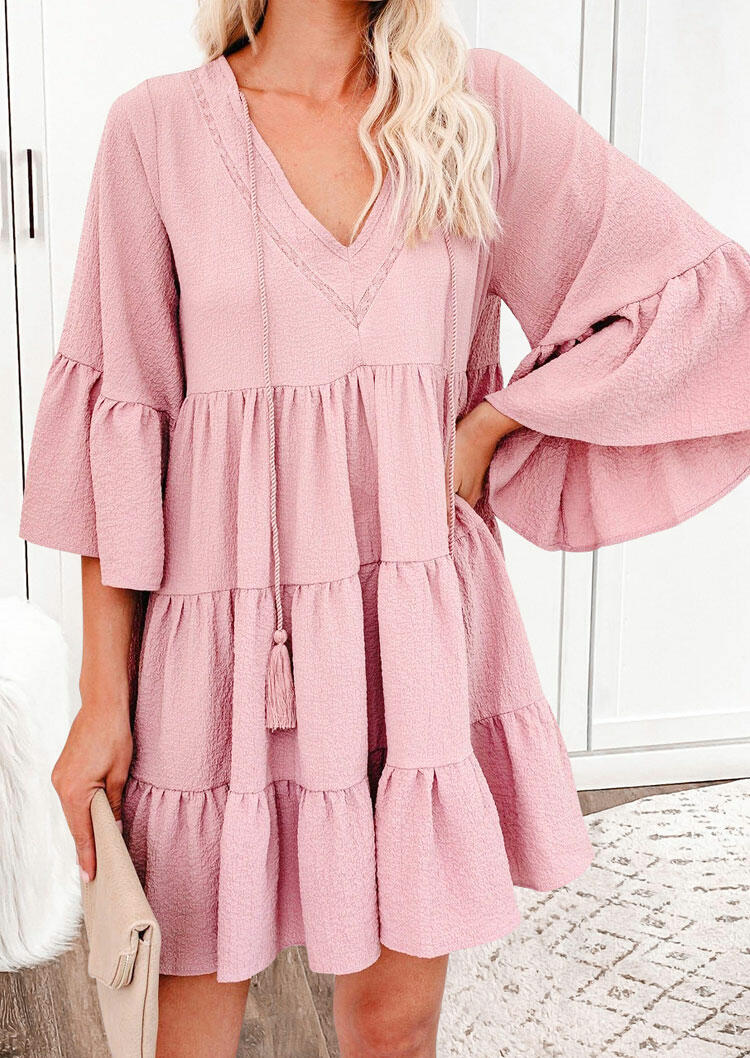 

Ruffled Tassel Flare Sleeve Mini Dress - Pink, 480421