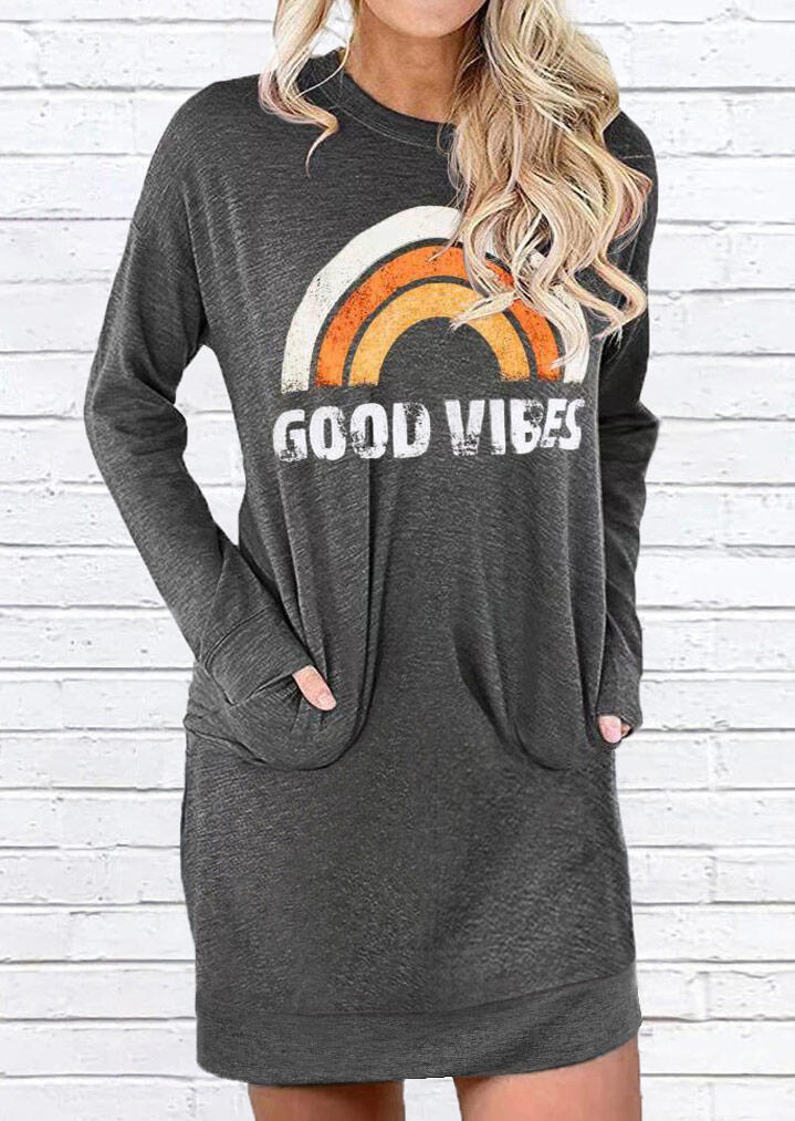 

Good Vibes Rainbow Pocket Mini Dress - Gray, 480600