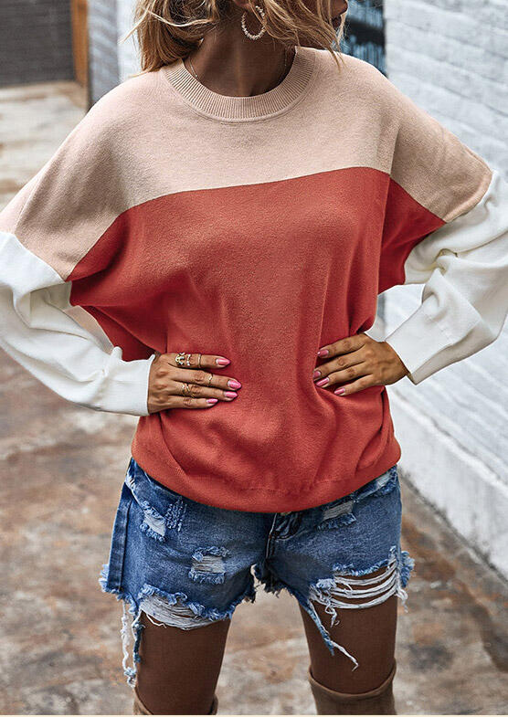

Color Block Batwing Sleeve O-Neck Sweater - Brick Red, 480656