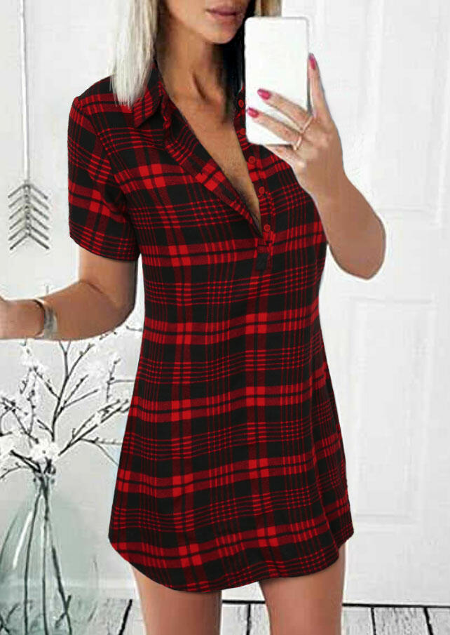 

Plaid Button Short Sleeve Mini Dress - Red, 480658