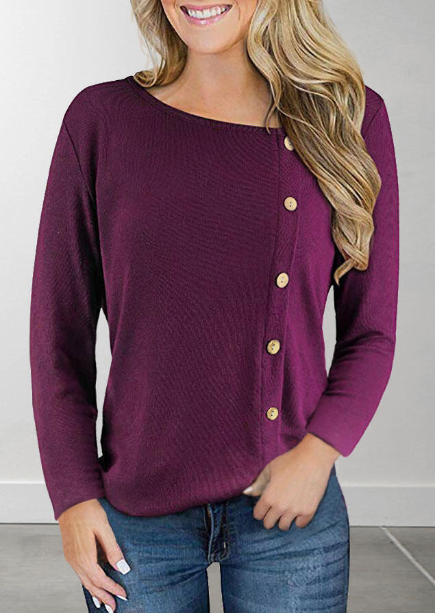 

Asymmetric Button Long Sleeve Blouse - Purple, 478417