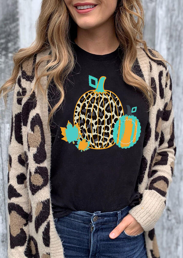 

Maple Leaves Leopard Pumpkin Thanksgiving T-Shirt Tee - Black, 480033