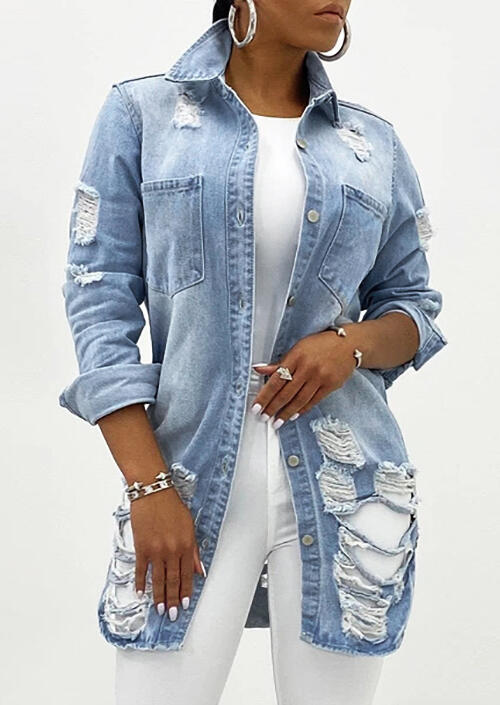 

Hollow Out Ripped Hole Pocket Denim Coat - Light Blue, 480374