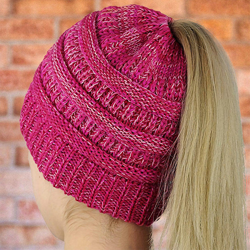 

Winter Thick Knitted Ponytail Beanie Hat, Rose red, 480582